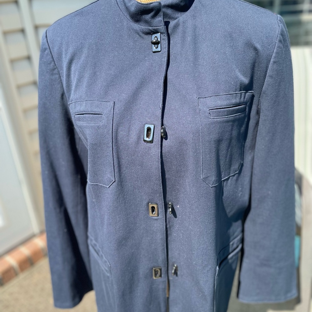 Ralph Lauren Navy 3/4 length Jacket Leather Collar trim - size 14